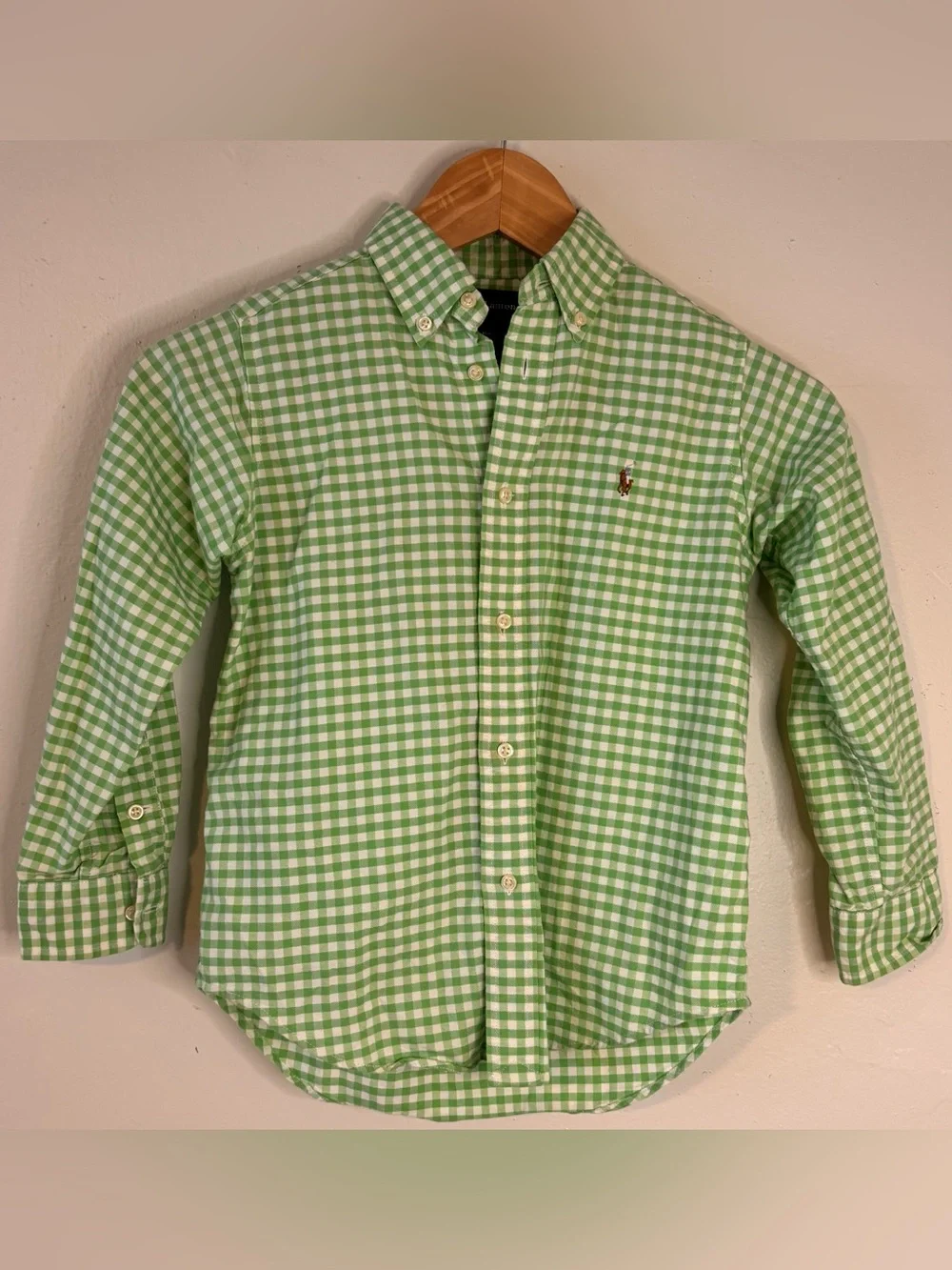 Ralph Lauren Boys Size 6 Green and White Gingham Plaid Button-Up Shirt